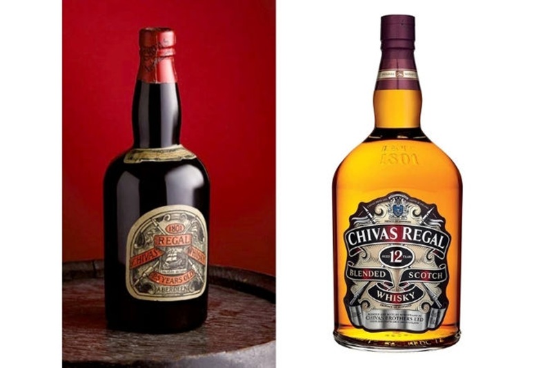 hình ảnh chai Chivas Regal vào đầu những năm 1900, so với thiết kế chai hiện tại phải